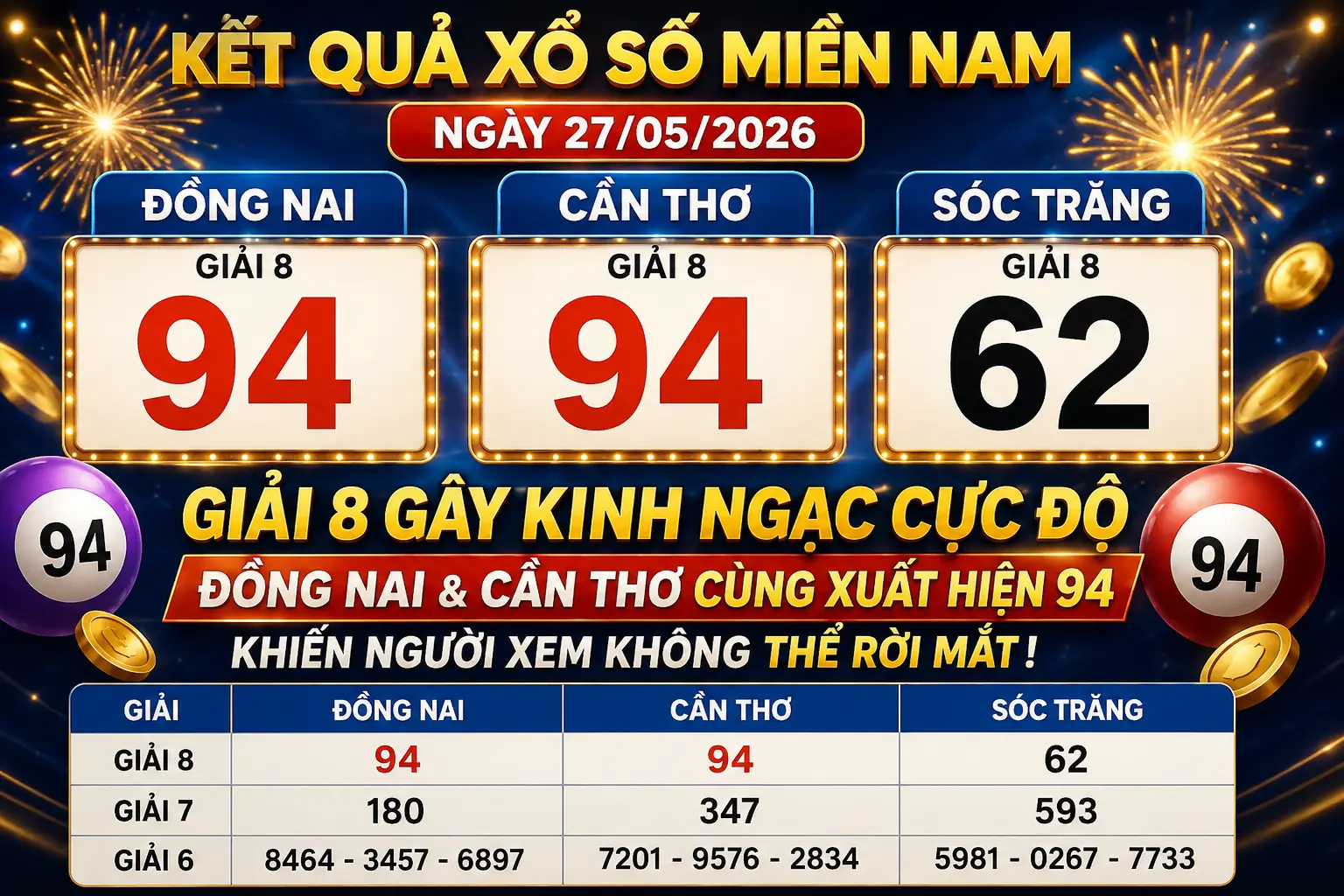 Giải 8 Đồng Nai và Cần Thơ bất ngờ cùng về 94 gây kinh ngạc cực độ